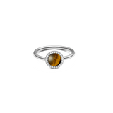 Slim silver ring featuring a round tiger eye gemstone at the centre, surrounded by a halo of sparkling white cubic zirconia crystals.
