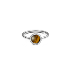 Slim silver ring featuring a round tiger eye gemstone at the centre, surrounded by a halo of sparkling white cubic zirconia crystals.
