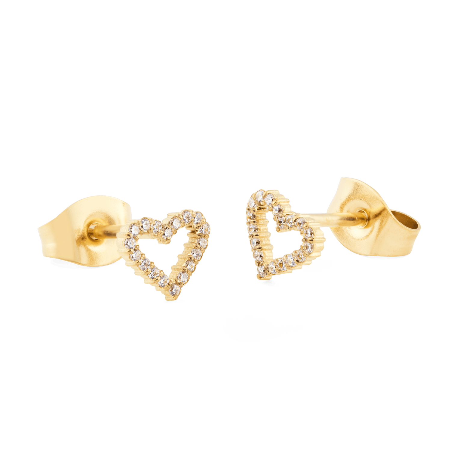 Mirelle Heart Earring Gold stud earrings with open heart shapes, each outlined with white cubic zirconia crystals and finished with polished gold butterfly backs.