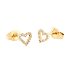 Mirelle Heart Earring Gold stud earrings with open heart shapes, each outlined with white cubic zirconia crystals and finished with polished gold butterfly backs.