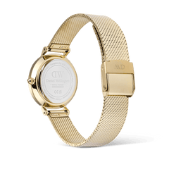 Close-up of the Daniel Wellington Petite Reflection Gold watch showing the stainless steel case back, gold mesh strap, and secure clasp, highlighting the quality craftsmanship and elegant finish.