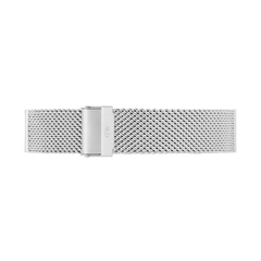 Mesh Sterling Strap Silver in stainless steel with a fine mesh weave and adjustable fold-over clasp, designed for comfort and a modern look.