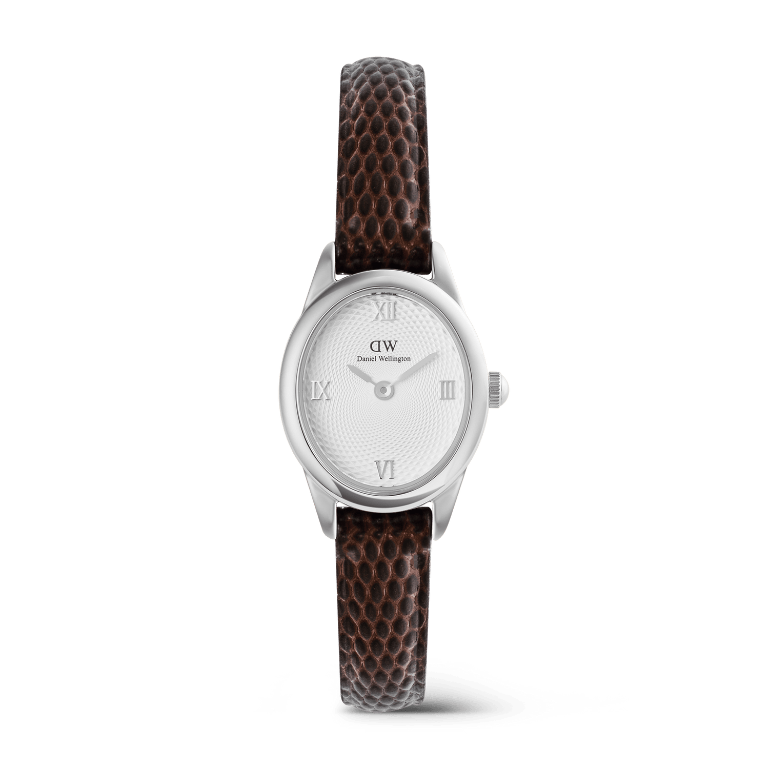 Ophelia Mini Dark Brown Lizard White Guilloché Silver ladies watch featuring a petite oval silver case, white guilloché dial with Roman numerals, and a slim dark brown lizard-embossed leather strap.