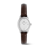 Ophelia Mini Dark Brown Lizard White Guilloché Silver ladies watch featuring a petite oval silver case, white guilloché dial with Roman numerals, and a slim dark brown lizard-embossed leather strap.