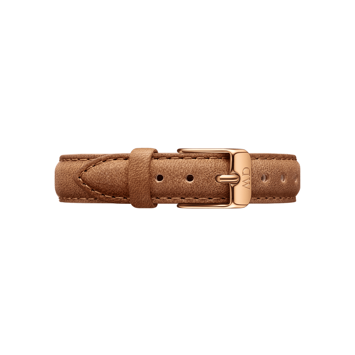 Durham Strap Rose Gold featuring warm brown genuine leather, a polished rose gold buckle, and detailed stitching, designed for easy adjustment and a comfortable fit.