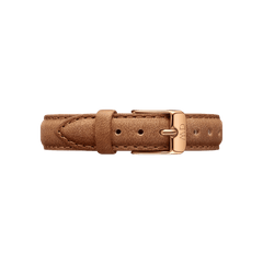 Durham Strap Rose Gold featuring warm brown genuine leather, a polished rose gold buckle, and detailed stitching, designed for easy adjustment and a comfortable fit.