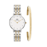 Petite Lumine 5-link two-tone watch with a gold and silver bracelet, white dial, crystal hour markers, and matching Classic Bracelet Gold featuring engraved branding, displayed side by side.