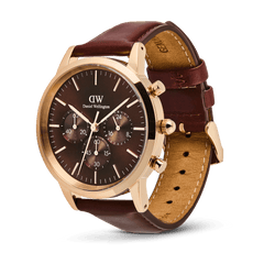 Iconic Chronograph St Mawes Amber RG men's watch with a rose gold case, amber dial, three chronograph sub-dials, and a brown genuine leather strap, shown from a side angle to highlight its premium detailing and adjustable fit.