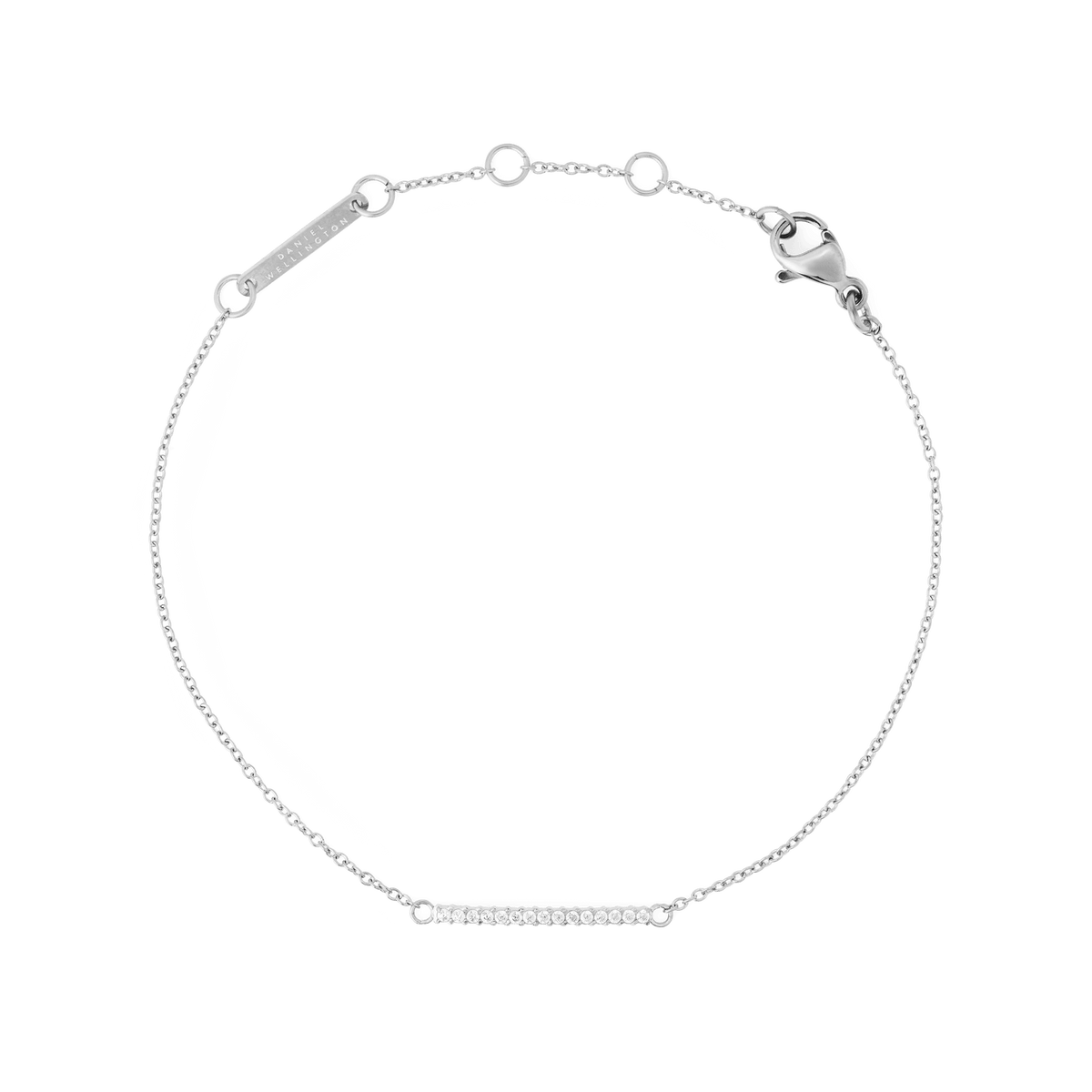 Delicate Mirelle Eternity Bracelet Silver featuring a slim bar of white cubic zirconia crystals on a fine adjustable silver chain, designed for layering or everyday wear.
