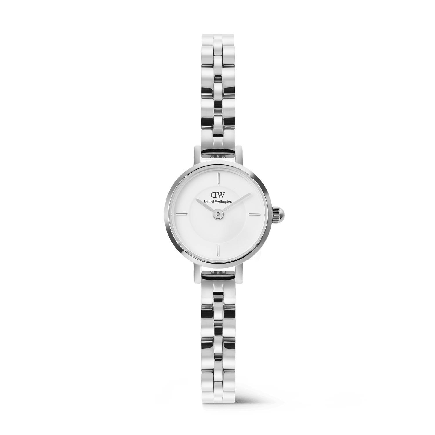 Petite Mini Arch 3-link White Silver watch with a 19mm stainless steel case, crisp white dial, and polished silver three-link bracelet, designed for women who prefer a minimalist and elegant accessory.