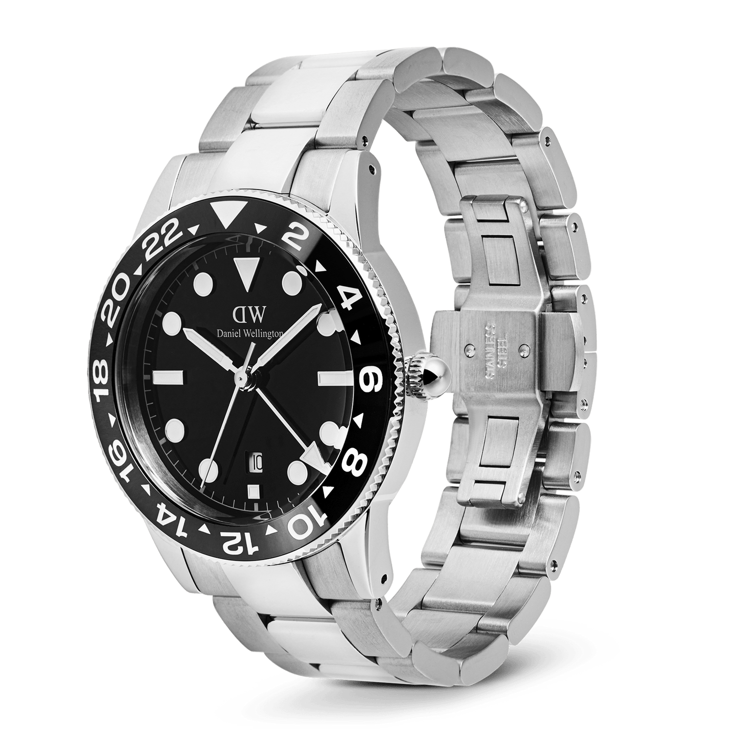 Iconic GMT Link Black Ceramic Bezel Silver watch with a stainless steel bracelet, black ceramic bezel, and butterfly clasp, showcasing its bold dial and modern design.