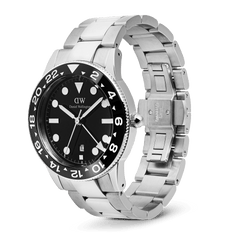 Iconic GMT Link Black Ceramic Bezel Silver watch with a stainless steel bracelet, black ceramic bezel, and butterfly clasp, showcasing its bold dial and modern design.