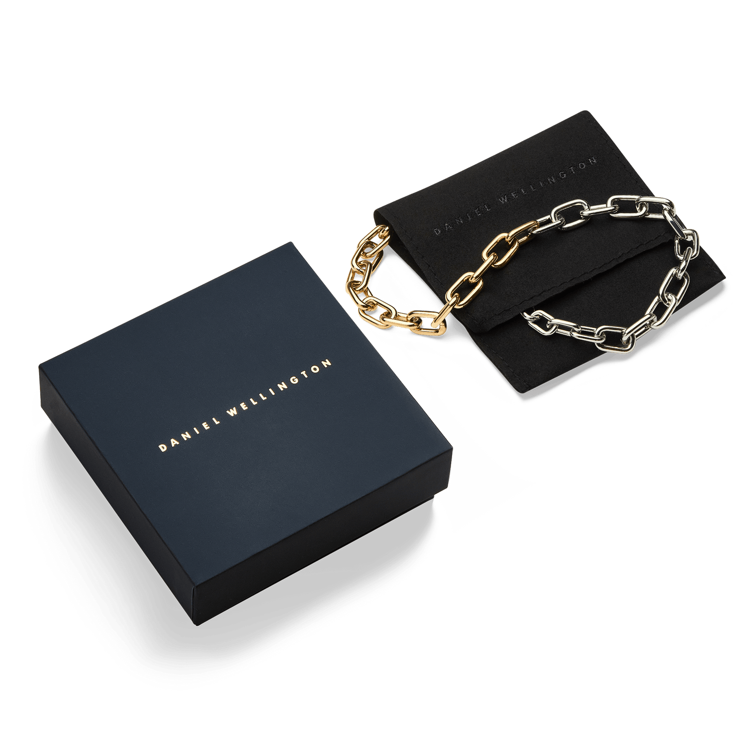 Contrast Link Necklace Two Tone Gold displayed with its elegant Daniel Wellington gift box and pouch, highlighting the striking gold and silver chain links.