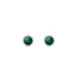 A pair of round stud earrings featuring domed green malachite centres, each surrounded by a halo of white cubic zirconia set in rose gold. The minimalist design highlights the natural malachite patterns and refined sparkle, ideal for adding a touch of colour to everyday or formal outfits.