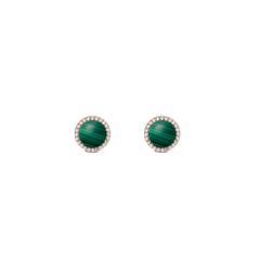 A pair of round stud earrings featuring domed green malachite centres, each surrounded by a halo of white cubic zirconia set in rose gold. The minimalist design highlights the natural malachite patterns and refined sparkle, ideal for adding a touch of colour to everyday or formal outfits.