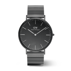 Classic Piano Link Onyx Unitone Black men’s watch with a 40mm brushed black dial, minimalist hour markers, and a matching geometric piano link stainless steel bracelet, offering a sleek all-black design suitable for both formal and casual wear.