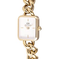 Close-up of the Jolie Chain Gold ladies watch, showing the chunky gold chain bracelet, minimalist square white dial, and polished gold case for a refined, modern look.