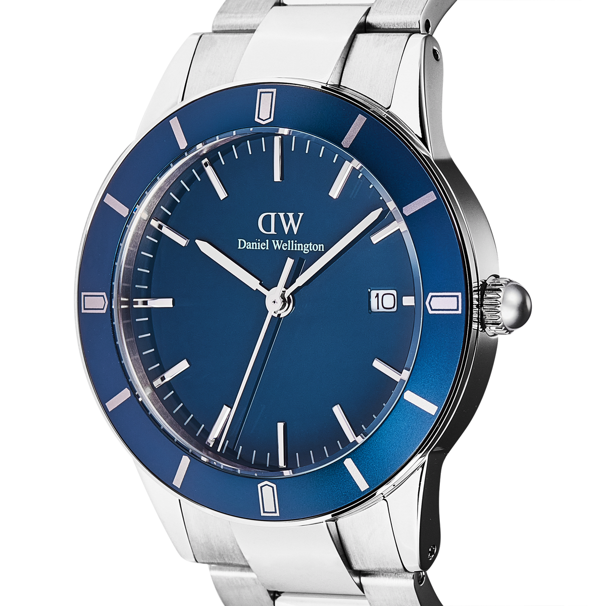 Close-up of the Iconic Paradigma Link Blue Enamel Silver watch, featuring a striking blue enamel dial, satin-finish bezel, silver-tone hour markers, and a polished stainless steel bracelet.
