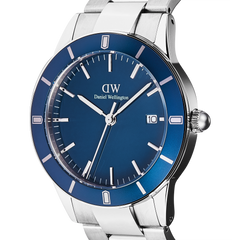 Close-up of the Iconic Paradigma Link Blue Enamel Silver watch, featuring a striking blue enamel dial, satin-finish bezel, silver-tone hour markers, and a polished stainless steel bracelet.
