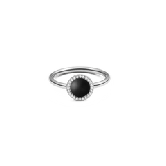 Silver ring with a round black agate centrepiece, encircled by sparkling white cubic zirconia, highlighting its elegant and contemporary style.