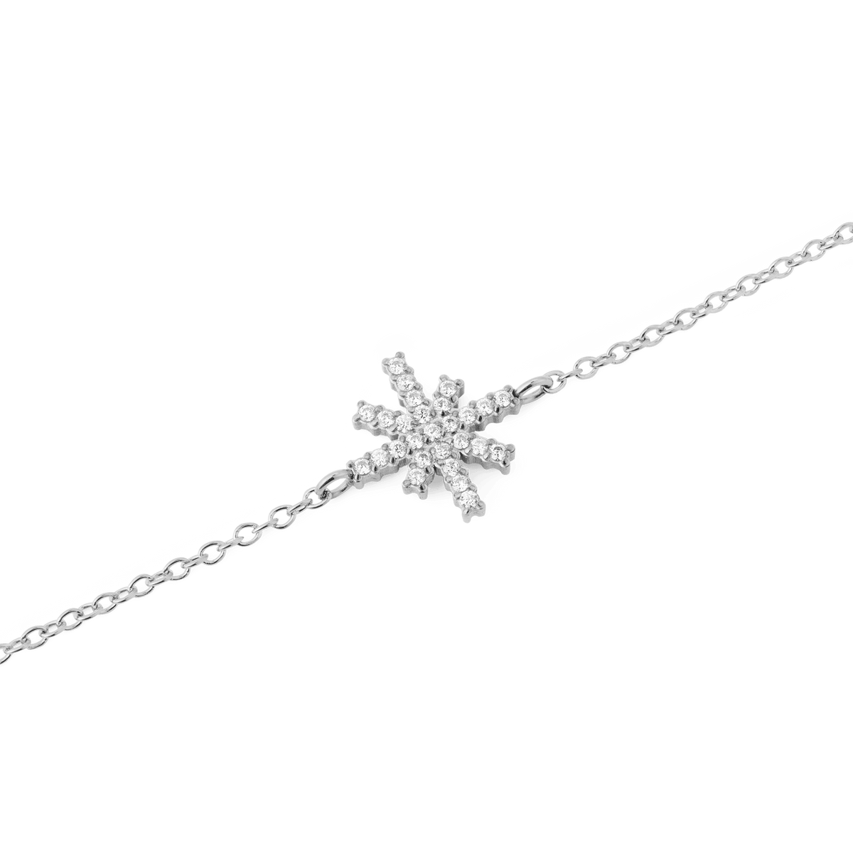 Close-up of the Mirelle Star Bracelet Silver showing a finely detailed star charm set with white cubic zirconia crystals on a slim silver chain, highlighting its elegant and sparkling design.