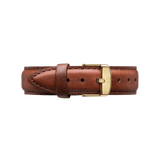 Classic St Mawes Strap Gold made from smooth brown leather with neat stitching and a gold-tone buckle, designed as a premium replacement strap for Daniel Wellington watches.