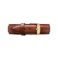 Classic St Mawes Strap Gold made from smooth brown leather with neat stitching and a gold-tone buckle, designed as a premium replacement strap for Daniel Wellington watches.