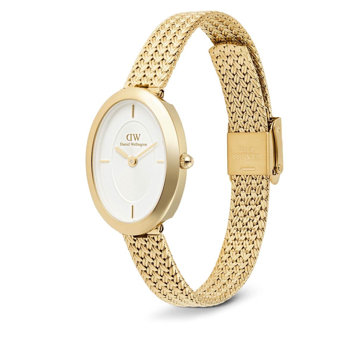 Juliette Braided Mesh White Sunray Gold ladies watch with a slim oval gold case, white sunray dial, and adjustable vintage-inspired braided mesh gold strap, shown in a side profile to highlight its elegant design and secure clasp.