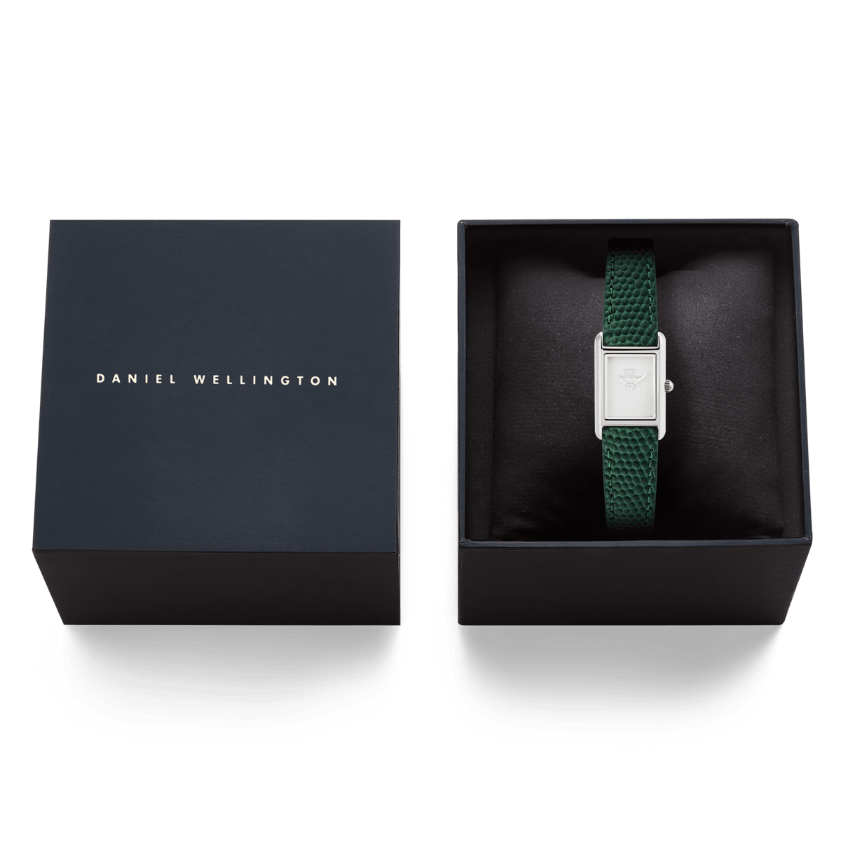 Bound Mini Green Lizard Silver watch with a rectangular silver case and green textured leather strap, elegantly presented in a black Daniel Wellington gift box.