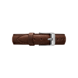 Classic Bristol Strap Silver in brown leather with detailed stitching and a sleek silver buckle, shown in a flat position to highlight its refined finish and adjustable fit.
