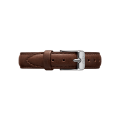 Classic Bristol Strap Silver in brown leather with detailed stitching and a sleek silver buckle, shown in a flat position to highlight its refined finish and adjustable fit.