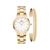 Gold Daniel Wellington Iconic Link watch with an eggshell white dial and matching gold Elan Bracelet, both featuring minimalist design and polished finishes, ideal for women seeking classic and contemporary style.