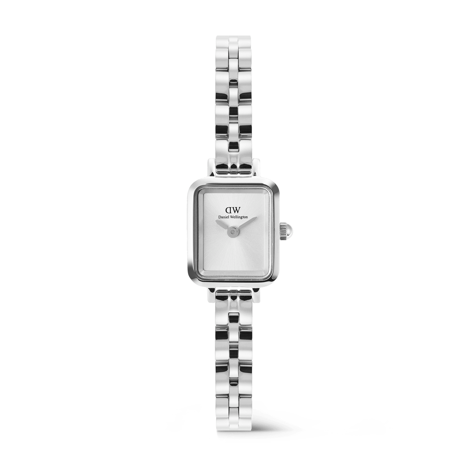 Quadro Mini Arch 3-link White Sunray Silver ladies watch featuring a petite rectangular case, minimalist white sunray dial, and polished silver 3-link bracelet, designed for comfortable everyday wear and versatile styling.