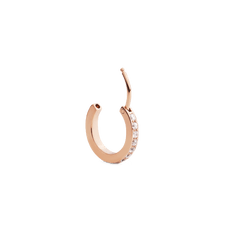 Crystal Hoop Earring Rose Gold with a row of cubic zirconia crystals, shown open to highlight its secure clasp and elegant rose gold finish.