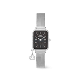 Elegant Daniel Wellington Quadro Crystal Zodiac Sterling Set featuring a rectangular silver case with crystal detailing, a black mother of pearl dial, and a silver mesh strap with a sparkling zodiac charm.