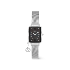 Elegant Daniel Wellington Quadro Crystal Zodiac Sterling Set featuring a rectangular silver case with crystal detailing, a black mother of pearl dial, and a silver mesh strap with a sparkling zodiac charm.