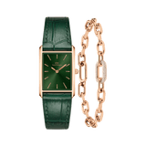 Rectangular emerald sunray dial watch with a crocodile-embossed green leather strap in rose gold, paired with a rose gold crystal link bracelet featuring pavé crystal detailing and adjustable chain links.