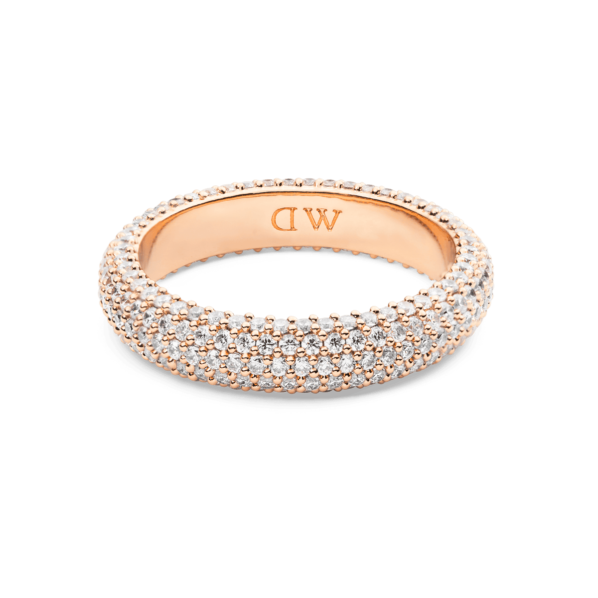 Pavé Ring Rose Gold 5 mm featuring a wide rose gold band set with three rows of sparkling white cubic zirconia crystals in a pavé setting, offering a refined and elegant look.