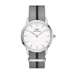 Daniel Wellington Iconic NATO Grey/Black watch with a 36mm stainless steel case, minimalist white dial, and a grey and black recycled nylon NATO strap featuring a twill weave and adjustable length.