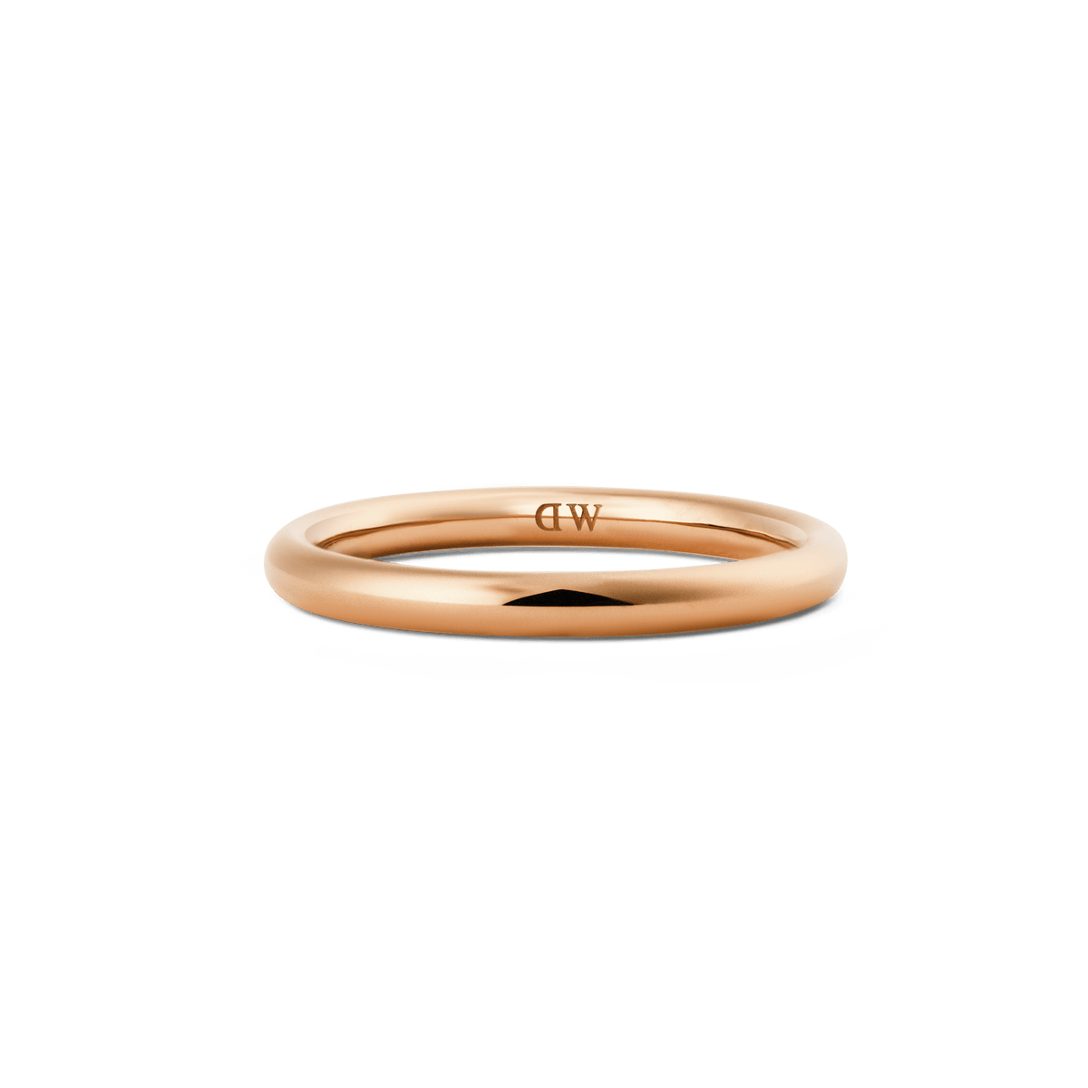 A slim rose gold band ring with a polished finish and rounded edges, featuring a minimalist design that highlights its modern, elegant style.