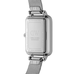 Quadro Roman Numerals Sterling ladies watch showing the back of the rectangular stainless steel case, engraved with water resistance details, Japanese movement, and a silver mesh strap.