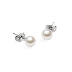 Daniel Wellington Pearl Stud Earring Silver featuring 6 mm Swarovski glass pearls set in slim silver-tone stainless steel with butterfly backs, shown from an angle to highlight their refined, minimalist design.