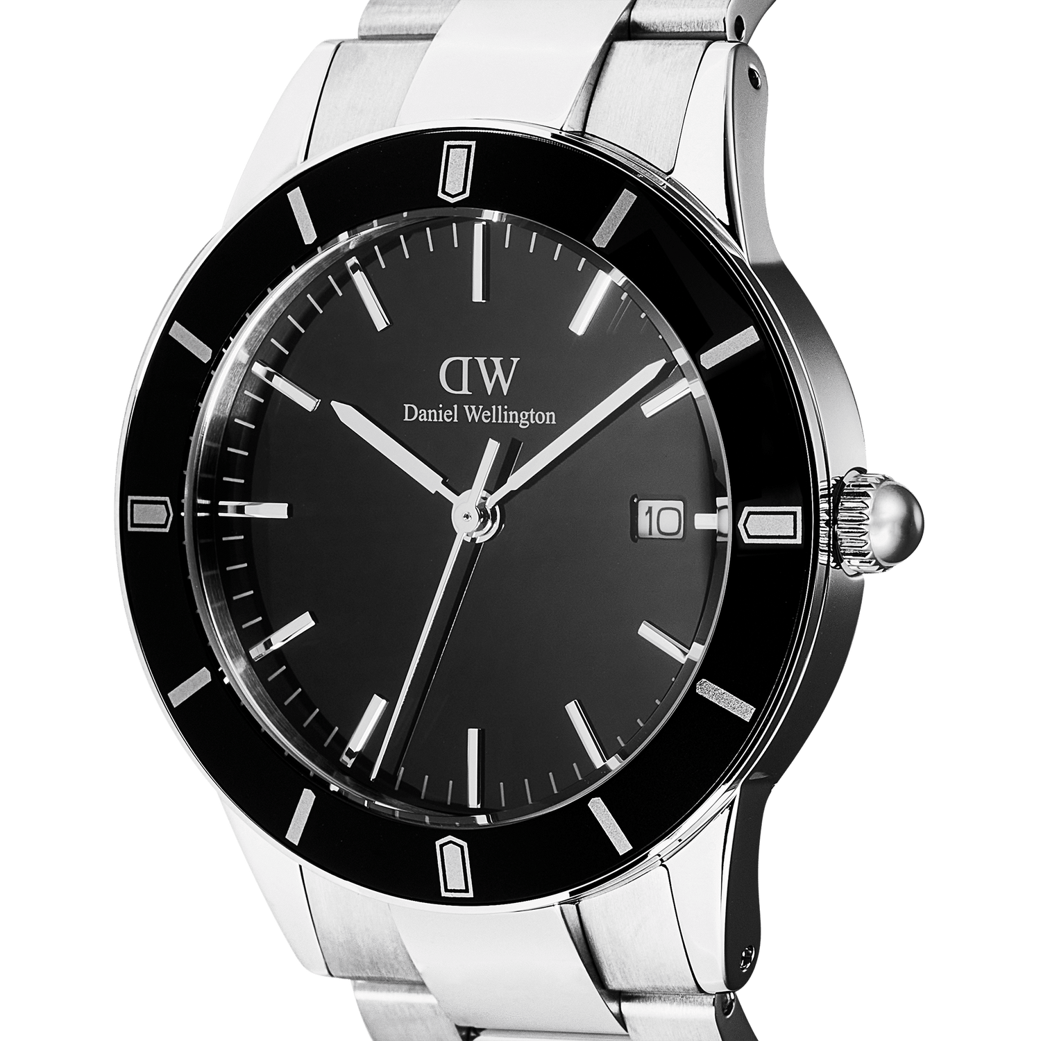 Close-up of the Iconic Paradigma Link Black Enamel watch, highlighting its minimalist black dial, silver-tone hands and markers, date window, and polished stainless steel case with a distinctive index bezel.