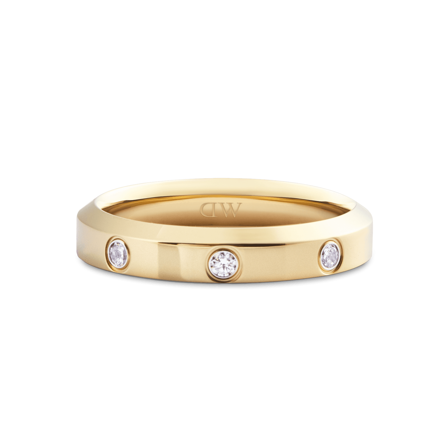 Classic Lumine Ring Gold 4 mm featuring a polished gold band with three round cubic zirconia crystals set evenly across the front, showcasing a minimalist and elegant design.