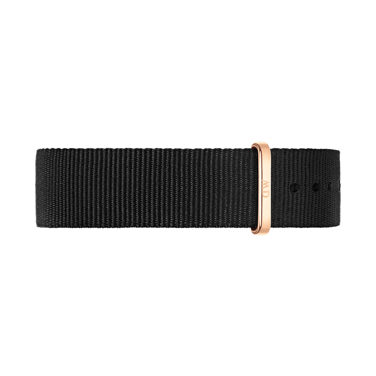 Cornwall Strap Rose Gold features a durable black polyester NATO-style watch strap with a rose gold buckle, offering a refined and modern accessory for any timepiece.