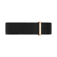 Cornwall Strap Rose Gold features a durable black polyester NATO-style watch strap with a rose gold buckle, offering a refined and modern accessory for any timepiece.