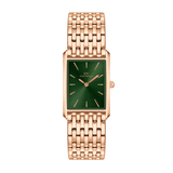 Bound 9-Link Emerald Sunray ladies watch featuring a slim rectangular rose gold case, integrated 9-link bracelet, and a striking green sunray dial with minimalist markers.