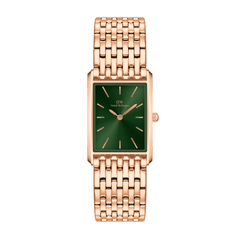 Bound 9-Link Emerald Sunray ladies watch featuring a slim rectangular rose gold case, integrated 9-link bracelet, and a striking green sunray dial with minimalist markers.