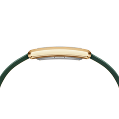 Side profile of the Bound Crocodile Champagne Sunray Gold watch highlighting its slim gold rectangular case and green leather strap, showcasing the elegant and comfortable fit for daily wear.