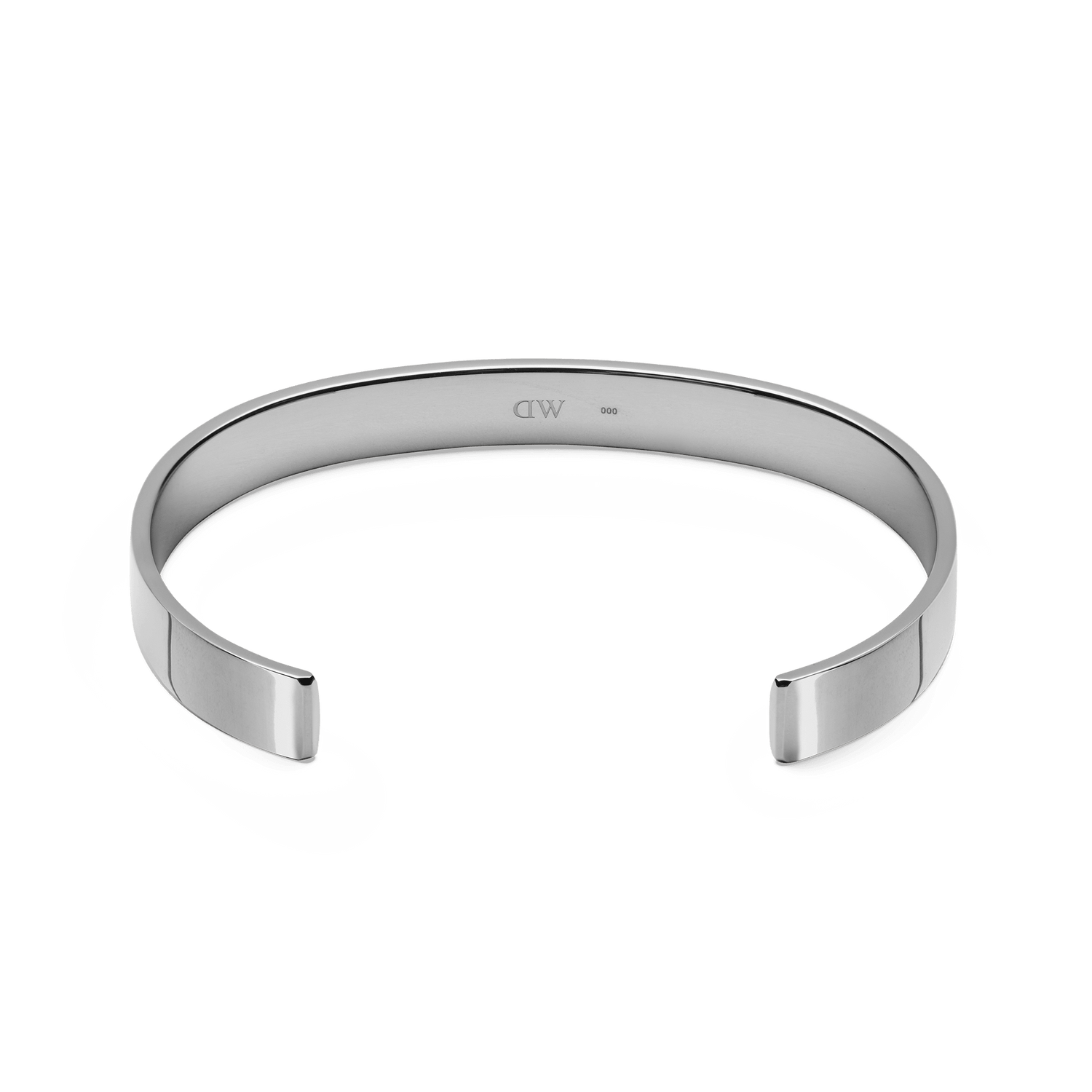 Line Cuff Polished Silver bracelet shown from the inside, highlighting its smooth inner surface, open cuff design, and polished stainless steel finish.